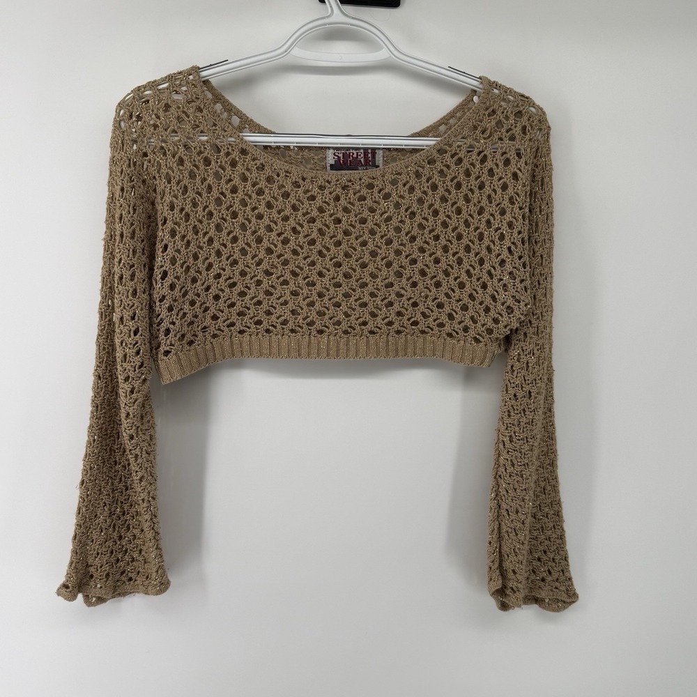 Y2K Fairy Crochet Crop Top‎ Bell Sleeve Sheer Knit Boho Festival Gold Metallic M